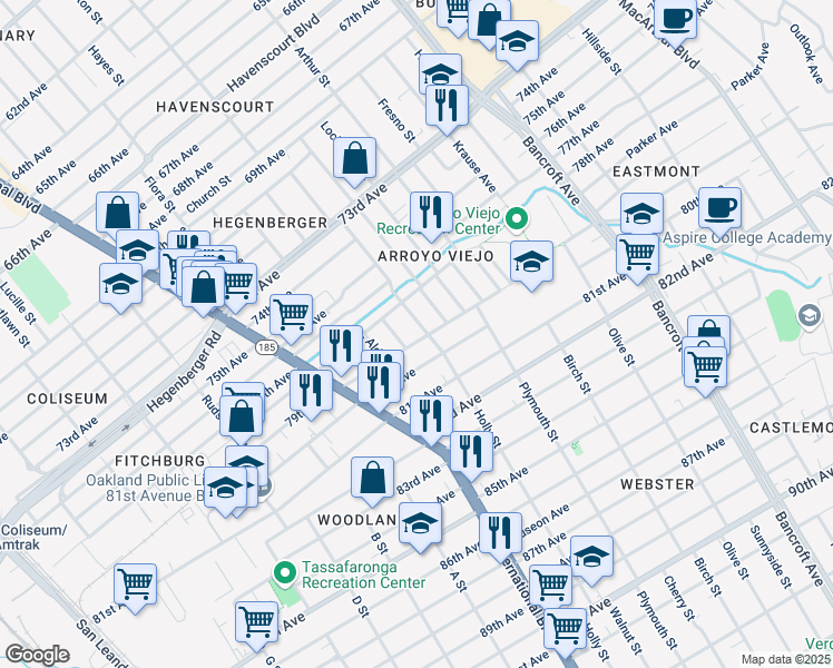 map of restaurants, bars, coffee shops, grocery stores, and more near 1545 80th Avenue in Oakland