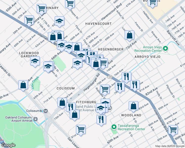 map of restaurants, bars, coffee shops, grocery stores, and more near 1206 73rd Avenue in Oakland