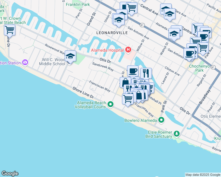 map of restaurants, bars, coffee shops, grocery stores, and more near 333 Willow Street in Alameda