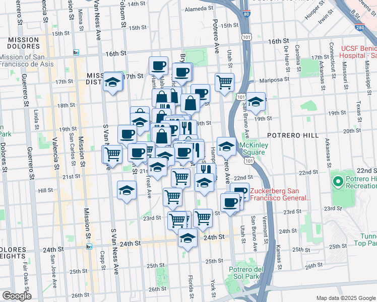 map of restaurants, bars, coffee shops, grocery stores, and more near 875 Florida Street in San Francisco