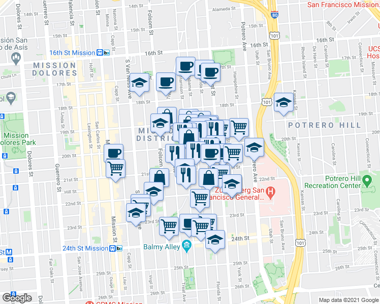 map of restaurants, bars, coffee shops, grocery stores, and more near 2471 Harrison Street in San Francisco