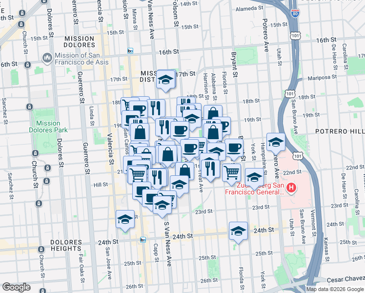 map of restaurants, bars, coffee shops, grocery stores, and more near 2458 Folsom Street in San Francisco