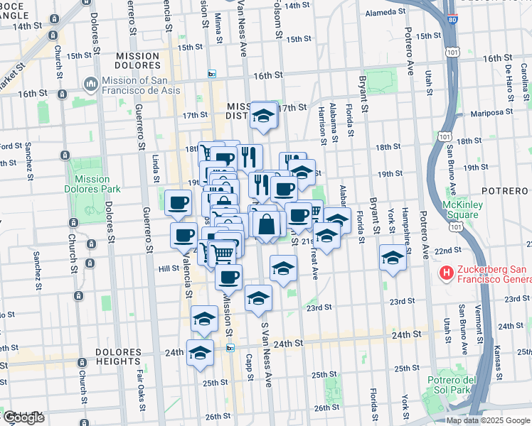 map of restaurants, bars, coffee shops, grocery stores, and more near 3088 21st Street in San Francisco