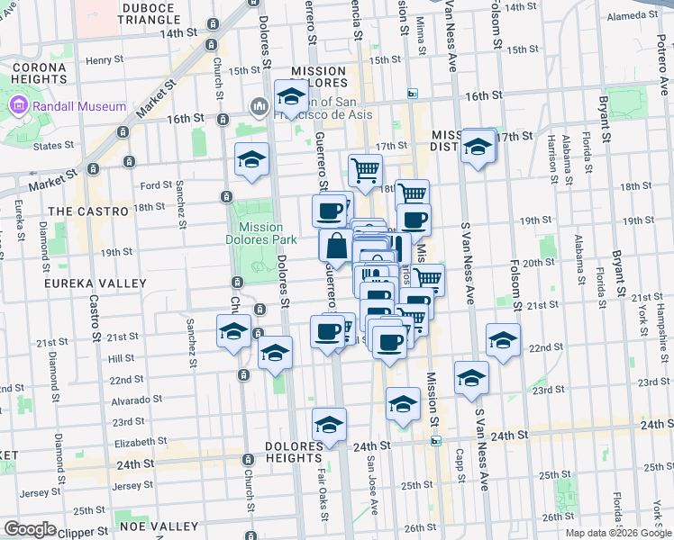 map of restaurants, bars, coffee shops, grocery stores, and more near 58 Liberty Street in San Francisco