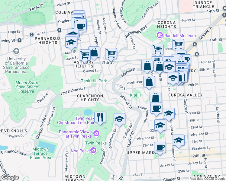 map of restaurants, bars, coffee shops, grocery stores, and more near 477 Corbett Avenue in San Francisco