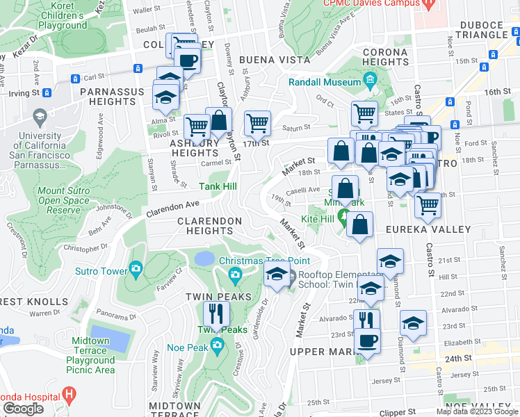 map of restaurants, bars, coffee shops, grocery stores, and more near 477 Corbett Avenue in San Francisco