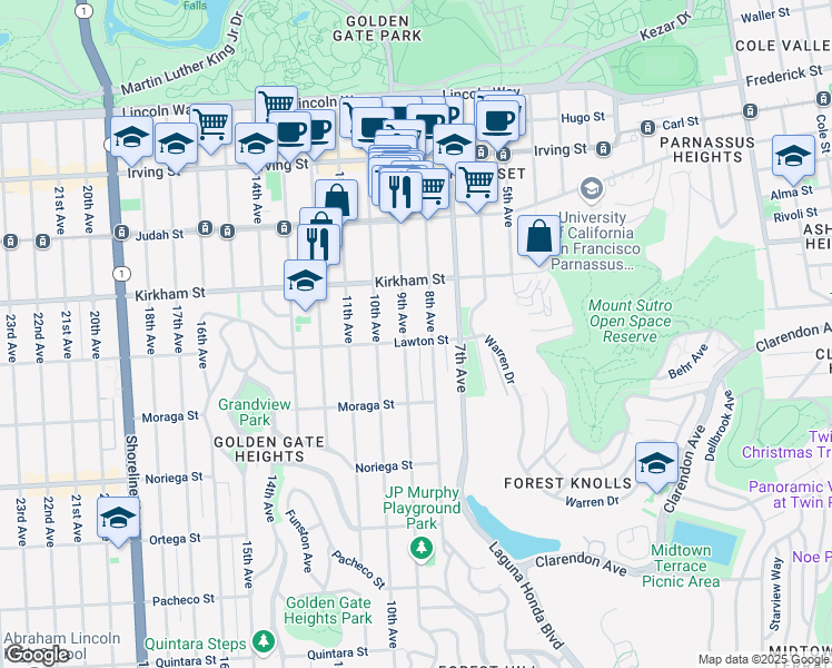 map of restaurants, bars, coffee shops, grocery stores, and more near 1619 9th Avenue in San Francisco