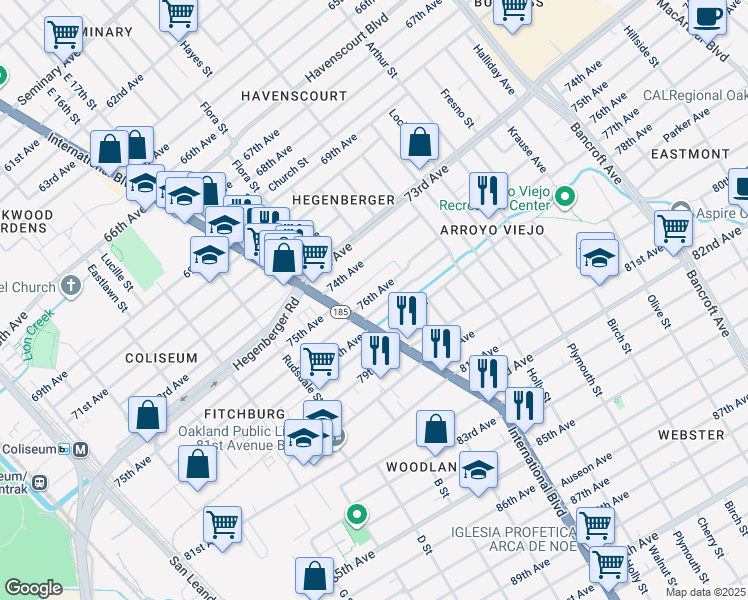 map of restaurants, bars, coffee shops, grocery stores, and more near 1440 76th Avenue in Oakland