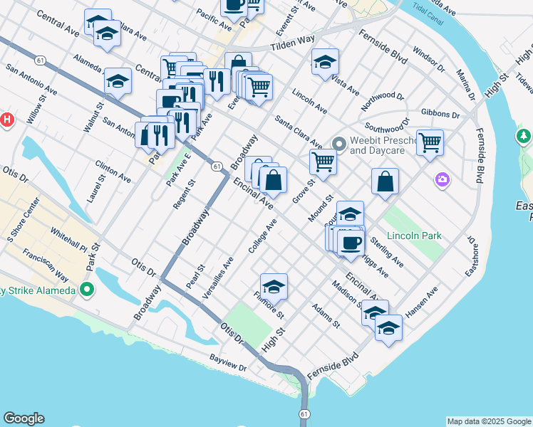 map of restaurants, bars, coffee shops, grocery stores, and more near 1238 Versailles Avenue in Alameda