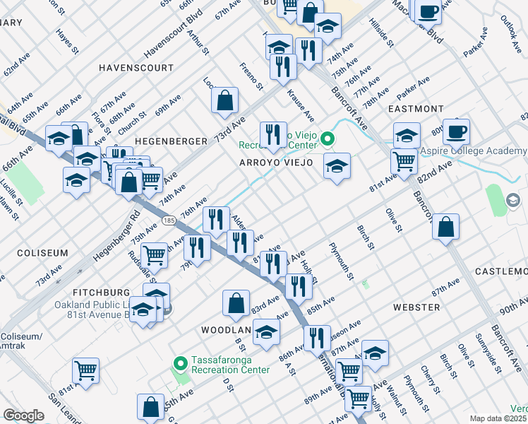 map of restaurants, bars, coffee shops, grocery stores, and more near 1545 80th Avenue in Oakland
