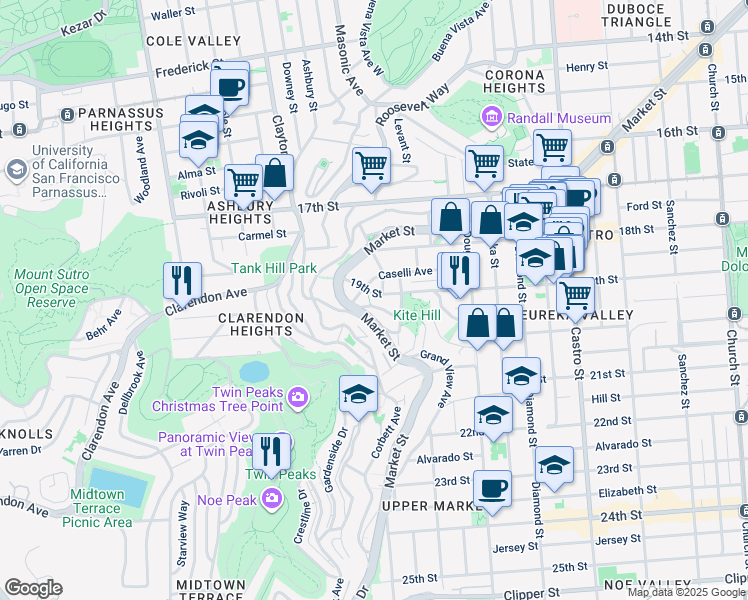 map of restaurants, bars, coffee shops, grocery stores, and more near 3369 Market Street in San Francisco