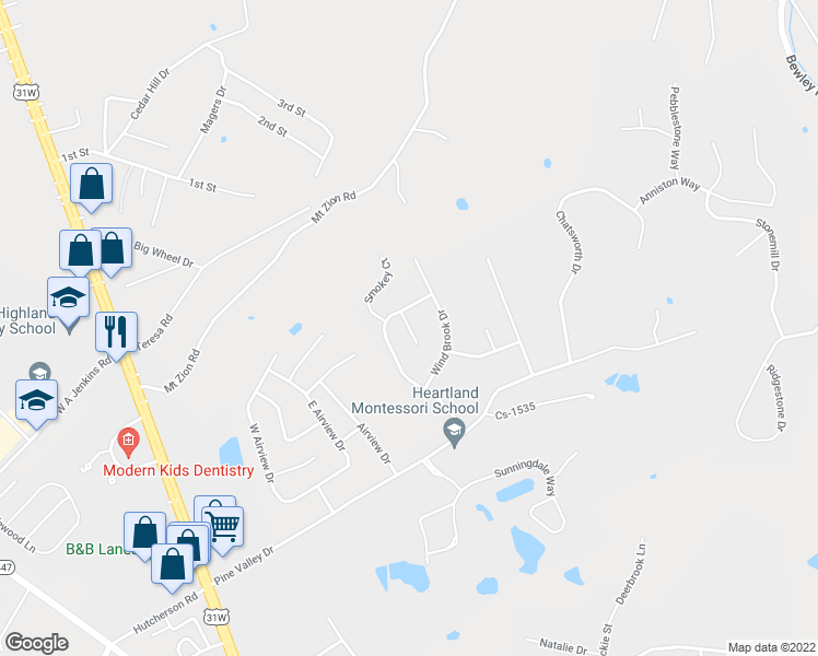 map of restaurants, bars, coffee shops, grocery stores, and more near Sugar Hill Drive in Elizabethtown