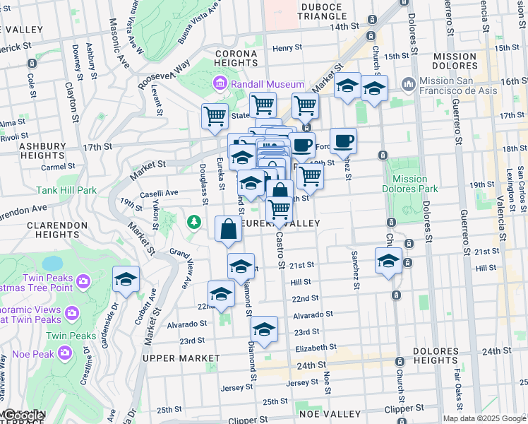 map of restaurants, bars, coffee shops, grocery stores, and more near 227 Collingwood Street in San Francisco