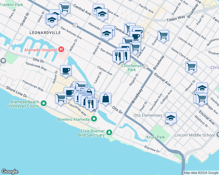 map of restaurants, bars, coffee shops, grocery stores, and more near 954 Park Street in Alameda