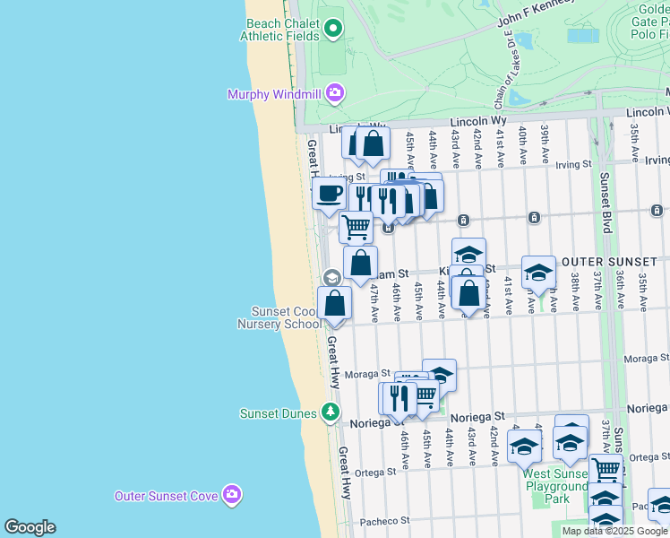 map of restaurants, bars, coffee shops, grocery stores, and more near 1523 48th Avenue in San Francisco