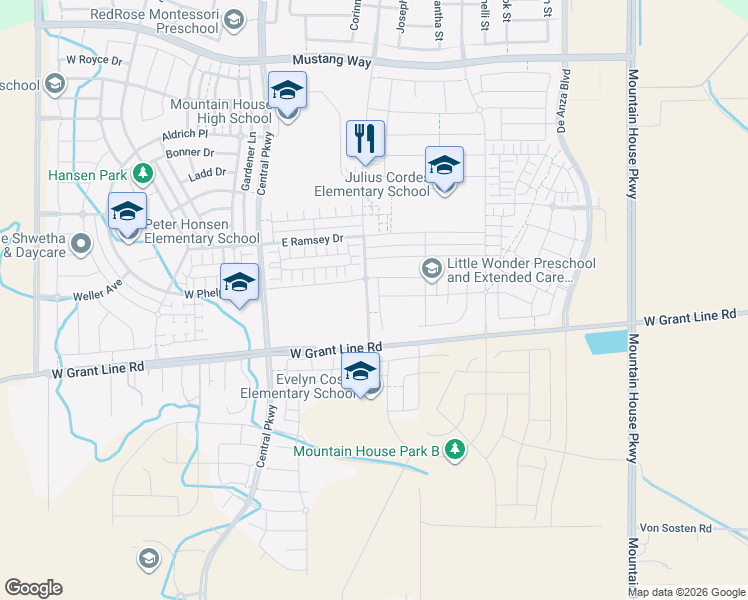 map of restaurants, bars, coffee shops, grocery stores, and more near 1503 Oliveira Drive in Tracy