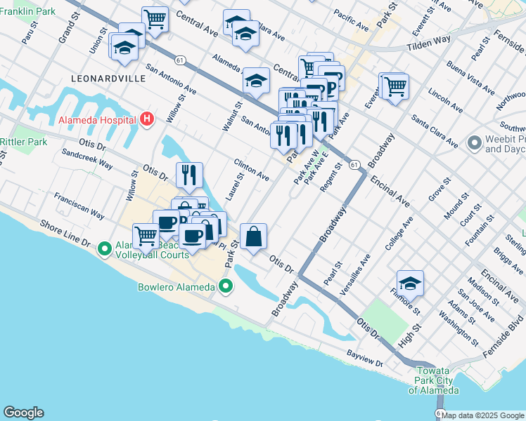 map of restaurants, bars, coffee shops, grocery stores, and more near 981 Park Street in Alameda