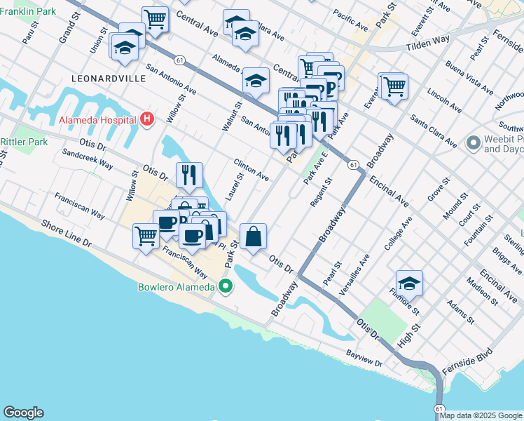 map of restaurants, bars, coffee shops, grocery stores, and more near 954 Park Street in Alameda