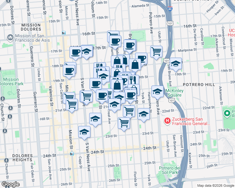 map of restaurants, bars, coffee shops, grocery stores, and more near 3130 20th Street in San Francisco
