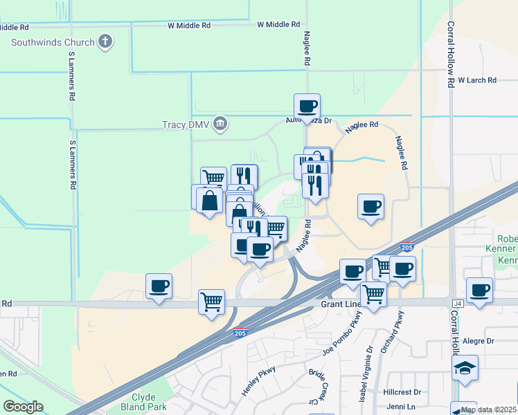 map of restaurants, bars, coffee shops, grocery stores, and more near Pavilion Parkway in Tracy