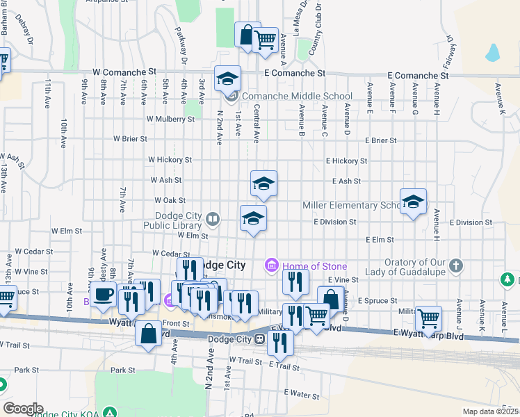 map of restaurants, bars, coffee shops, grocery stores, and more near 1100 Central Avenue in Dodge City