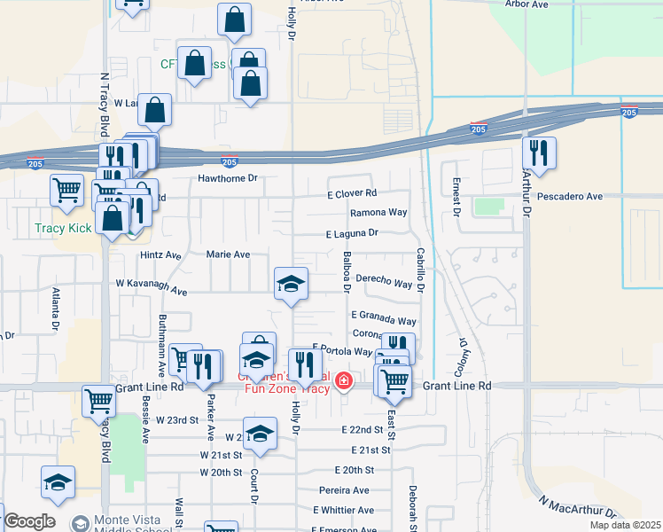 map of restaurants, bars, coffee shops, grocery stores, and more near 3021 Balboa Drive in Tracy
