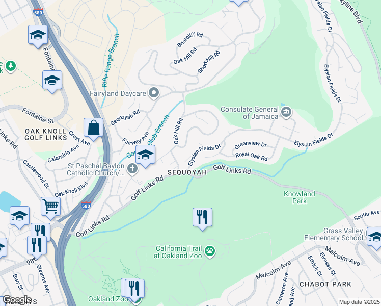 map of restaurants, bars, coffee shops, grocery stores, and more near 66 Elysian Fields Drive in Oakland