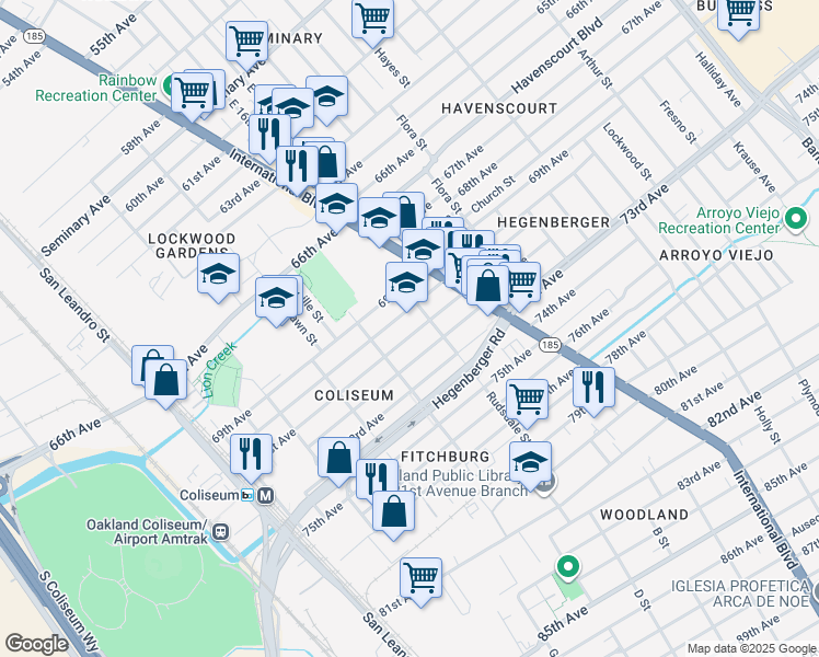 map of restaurants, bars, coffee shops, grocery stores, and more near 6901 Herbert Guice Way in Oakland