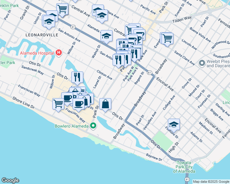 map of restaurants, bars, coffee shops, grocery stores, and more near 981 Park Street in Alameda