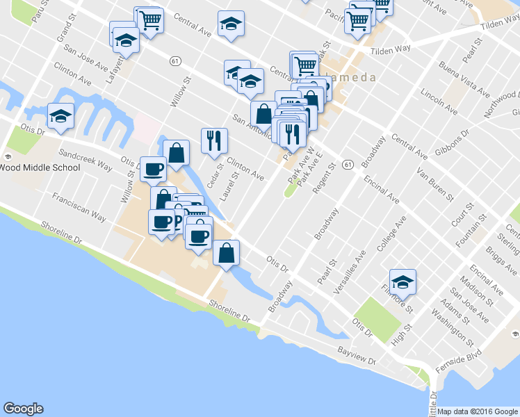 map of restaurants, bars, coffee shops, grocery stores, and more near 981 Park Street in Alameda