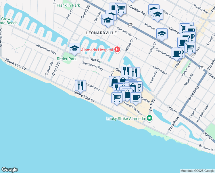 map of restaurants, bars, coffee shops, grocery stores, and more near 428 Whitehall Road in Alameda