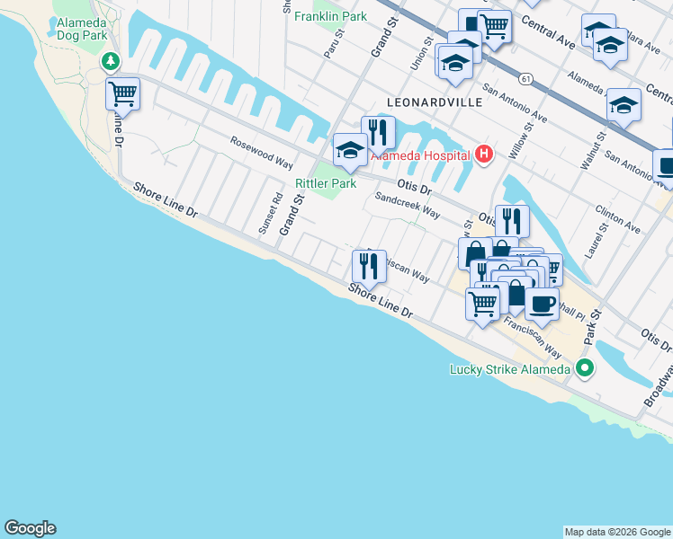 map of restaurants, bars, coffee shops, grocery stores, and more near 333 Kitty Hawk Road in Alameda