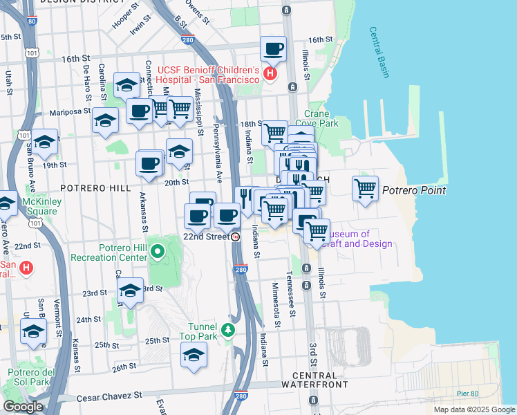 map of restaurants, bars, coffee shops, grocery stores, and more near 867 Indiana Street in San Francisco