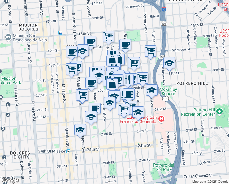 map of restaurants, bars, coffee shops, grocery stores, and more near 3130 20th Street in San Francisco