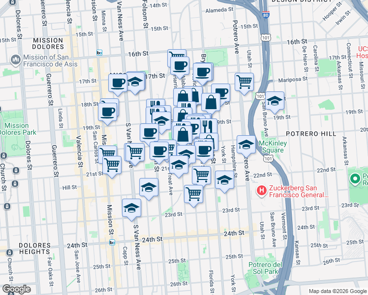 map of restaurants, bars, coffee shops, grocery stores, and more near 3130 20th Street in San Francisco