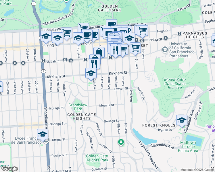 map of restaurants, bars, coffee shops, grocery stores, and more near 1535 10th Avenue in San Francisco