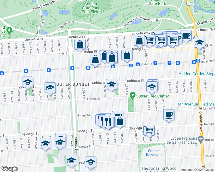 map of restaurants, bars, coffee shops, grocery stores, and more near 1491 31st Avenue in San Francisco