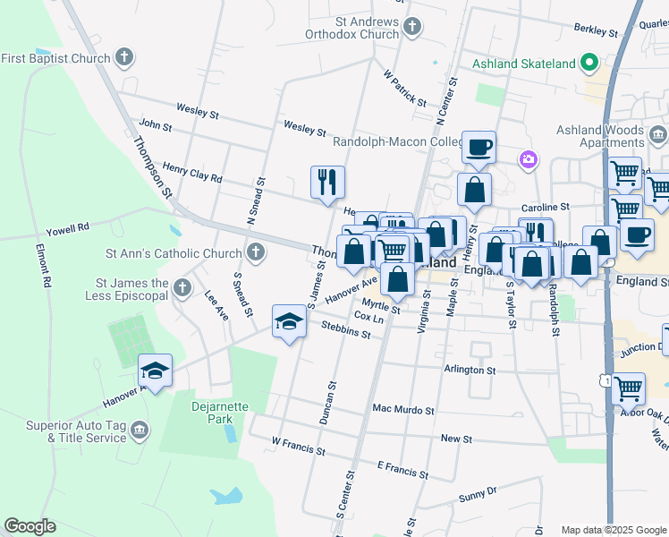 map of restaurants, bars, coffee shops, grocery stores, and more near 128 Virginia 54 in Ashland
