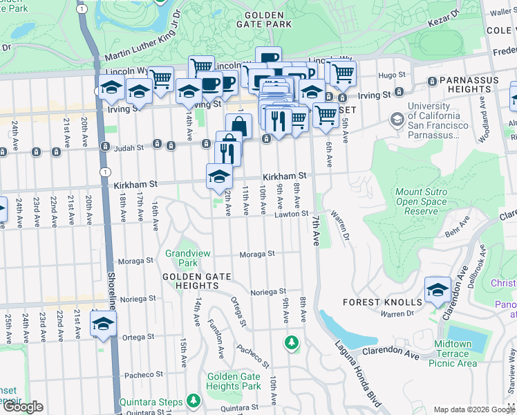 map of restaurants, bars, coffee shops, grocery stores, and more near 1535 10th Avenue in San Francisco