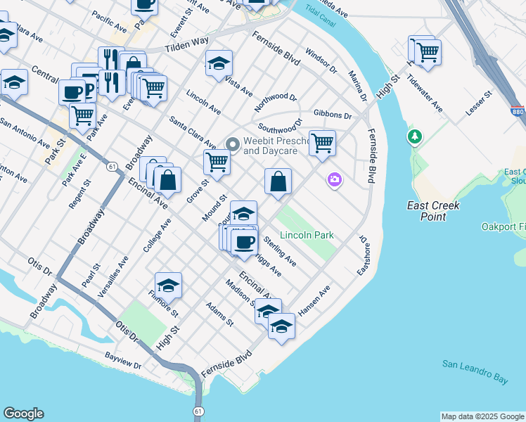 map of restaurants, bars, coffee shops, grocery stores, and more near in Alameda