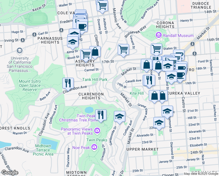 map of restaurants, bars, coffee shops, grocery stores, and more near 1420 Clayton Street in San Francisco