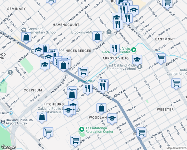 map of restaurants, bars, coffee shops, grocery stores, and more near 1480 77th Avenue in Oakland