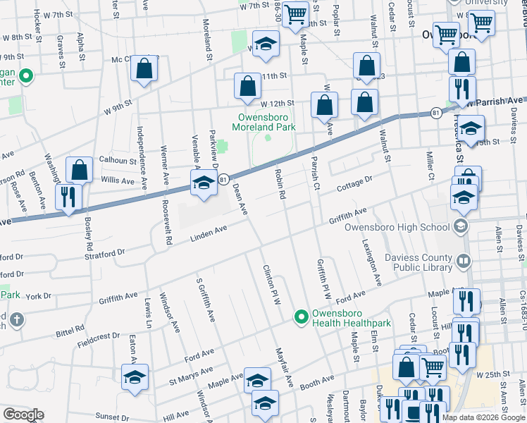 map of restaurants, bars, coffee shops, grocery stores, and more near 1335 Claranette Court in Owensboro