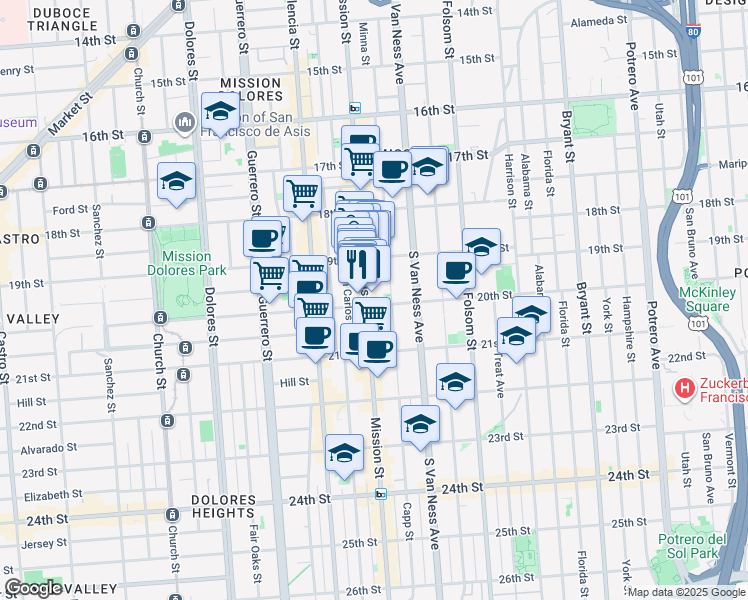 map of restaurants, bars, coffee shops, grocery stores, and more near 2344 Mission Street in San Francisco