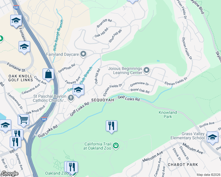 map of restaurants, bars, coffee shops, grocery stores, and more near 51 Elysian Fields Drive in Oakland