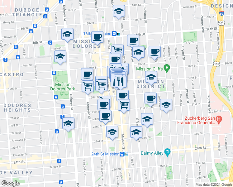map of restaurants, bars, coffee shops, grocery stores, and more near 2344 Mission Street in San Francisco
