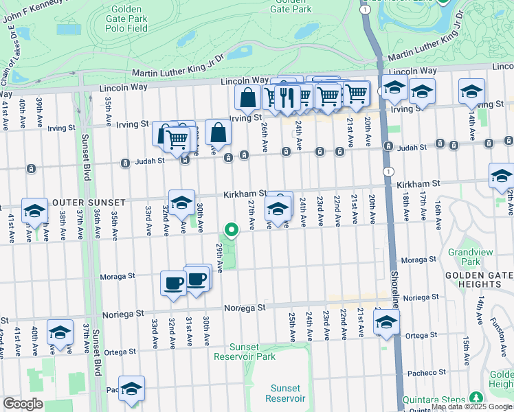 map of restaurants, bars, coffee shops, grocery stores, and more near 1530 27th Avenue in San Francisco