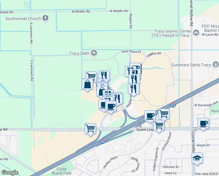 map of restaurants, bars, coffee shops, grocery stores, and more near Pavilion Parkway in Tracy