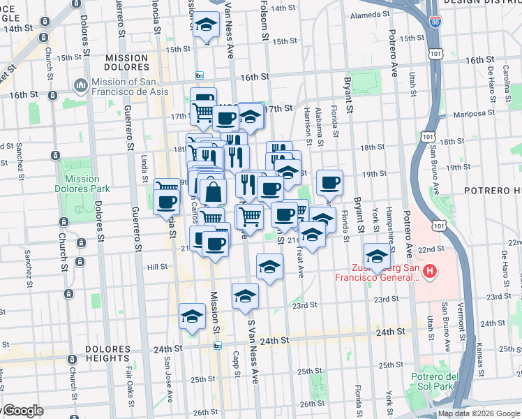 map of restaurants, bars, coffee shops, grocery stores, and more near 20th St & Shotwell St in San Francisco