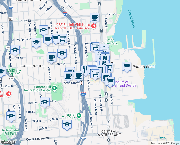 map of restaurants, bars, coffee shops, grocery stores, and more near 953 Indiana Street in San Francisco
